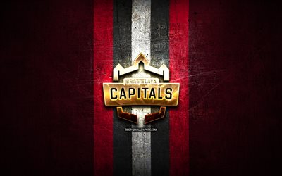 Bratislava Capitals, golden logo, ICE Hockey League, purple metal background, austrian hockey team, Bratislava Capitals logo, hockey