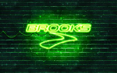 Brooks Sports green logo, 4k, green brickwall, Brooks Sports logo, brands, Brooks Sports neon logo, Brooks Sports
