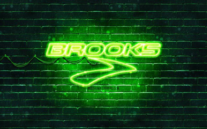 Logo vert Brooks Sports, 4k, mur de briques vertes, logo Brooks Sports, marques, logo n&#233;on Brooks Sports, Brooks Sports
