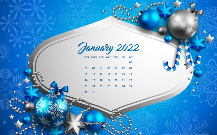 2022 January Calendar, 4k, Blue Christmas background, January, Blue Christmas balls, January 2022 Calendar, 2022 concepts
