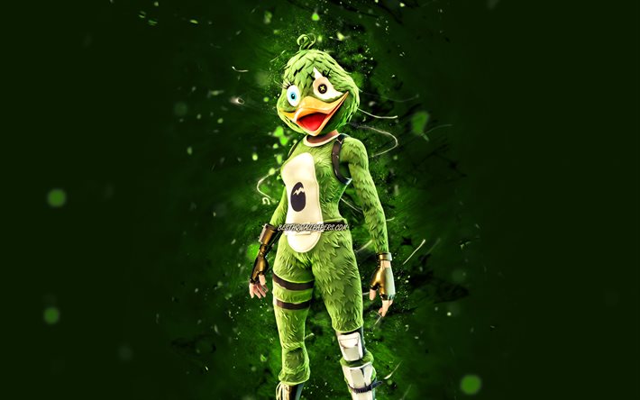 Yeşil Quackling, 4k, yeşil neon ışıkları, Fortnite Battle Royale, Fortnite karakterleri, Yeşil Quackling Skin, Fortnite, Yeşil Quackling Fortnite
