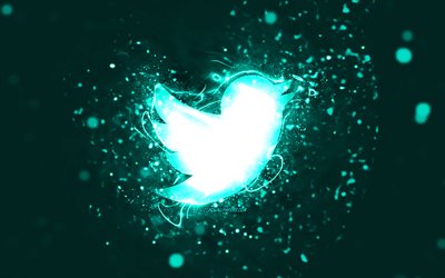 Twitterin turkoosi logo, 4k, turkoosi neon valot, luova, turkoosi abstrakti tausta, Twitter-logo, sosiaalinen verkosto, Twitter