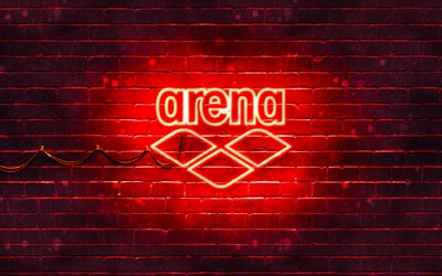 Arena logo rosso, 4k, muro di mattoni rosso, logo Arena, marchi, logo Arena neon, Arena