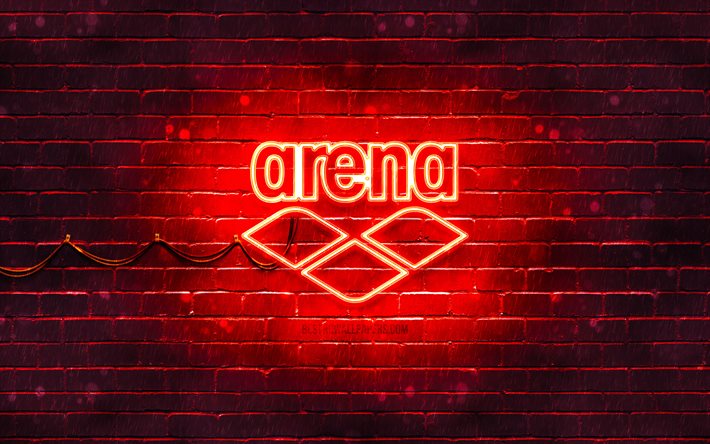Arena red logo, 4k, red brickwall, Arena logo, brands, Arena neon logo, Arena