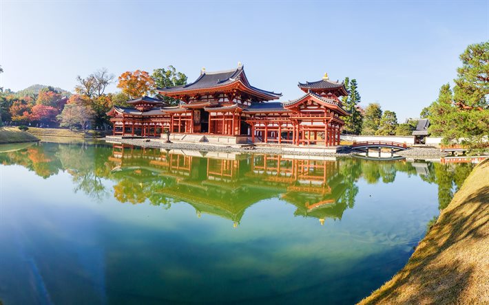 Temple Byodo-in, Uji, temple japonais, matin, Phoenix Hall, lac, architecture japonaise, Japon