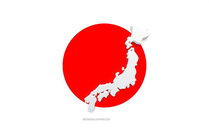 Japonya haritası silueti, Japonya Bayrağı, bayrakta siluet, Japonya, 3d Japonya haritası silueti, Japonya bayrağı, Japonya 3d haritası