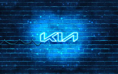 KIA blue logo, blue brickwall, 4k, KIA new logo, cars brands, KIA neon logo, KIA 2021 logo, KIA logo, KIA