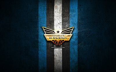 black wings linz, goldenes logo, ice hockey league, blauer metallhintergrund, &#246;sterreichische hockeymannschaft, black wings linz logo, hockey