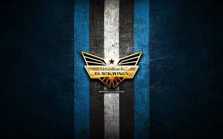 Black Wings Linz, logo dorato, ICE Hockey League, sfondo blu in metallo, squadra di hockey austriaca, logo Black Wings Linz, hockey