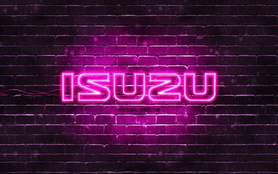 Logotipo da Isuzu roxo, 4k, parede de tijolos roxa, logotipo da Isuzu, marcas de carros, logotipo da Isuzu neon, Isuzu