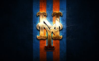 New York Mets emblem, MLB, golden emblem, blue metal background, american baseball team, Major League Baseball, baseball, New York Mets, NY Mets