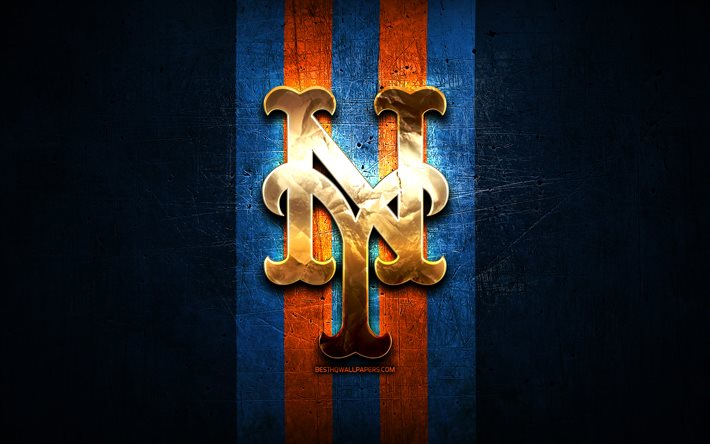 ニューヨークメッツのエンブレム, MLB, 黄金のエンブレム, 青い金属の背景, アメリカの野球チーム, 大リーグ, 野球。, ニューヨークメッツ, NYメッツ