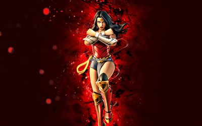 Wonder Woman, 4k, kırmızı neon ışıkları, Fortnite Battle Royale, Fortnite karakterleri, Wonder Woman Skin, Fortnite, Wonder Woman Fortnite