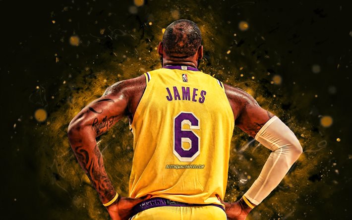 LeBron James, 2021, back view, Los Angeles Lakers, 4k, basketball stars, LeBron James number 6, yellow neon lights, basketball, LA Lakers, LeBron James 4K, NBA, LeBron James Lakers
