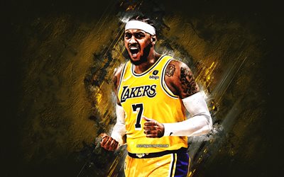 Carmelo Anthony, Los Angeles Lakers, giocatore di basket americano, NBA, sfondo di pietra gialla, arte grunge, National Basketball Association