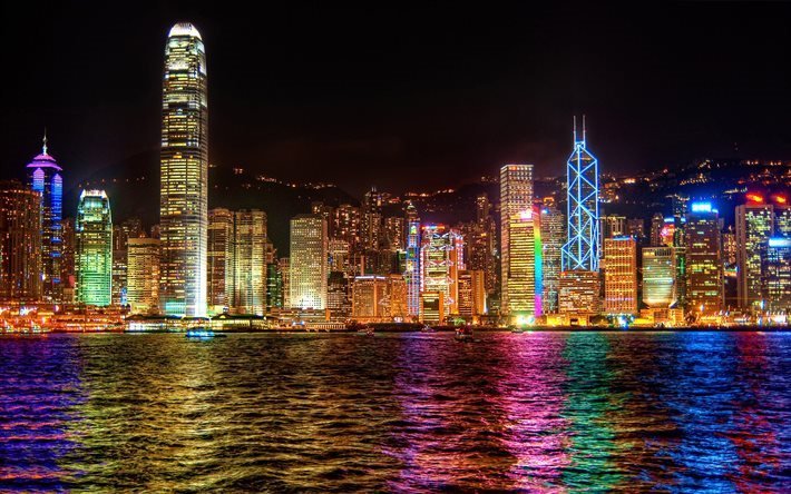 Hong Kong, China, arranha-c&#233;us, luzes da cidade, noite