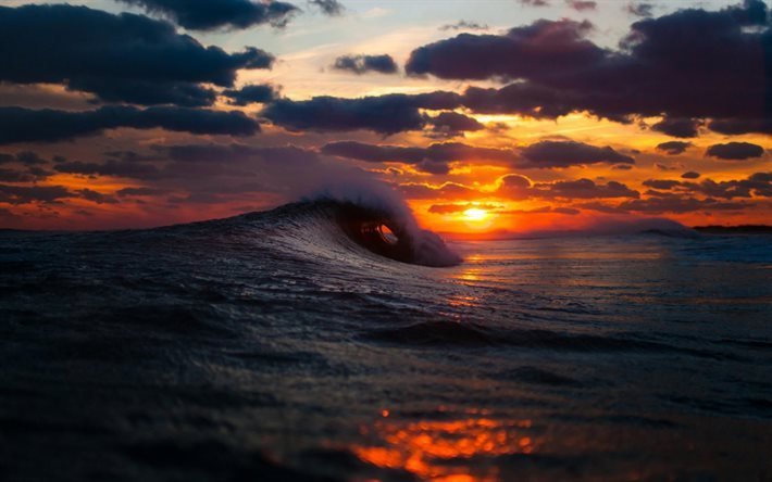 sunset, ocean, wave, ocean wave, water