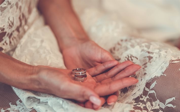 anneaux de mariage, mari&#233;e, robe blanche, anneau &#224; la main, mariage