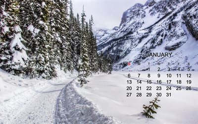 2019 January calendar, winter background, art, 2019 concepts, calendars, mountain landscape, winter, snow, New 2019 Year