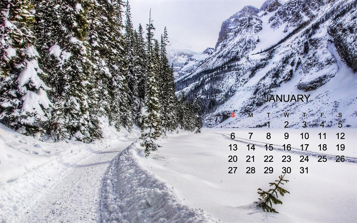 2019 gennaio del calendario, invernali, sfondo, arte, 2019 concetti, calendari, paesaggio di montagna, neve, Nuovo Anno 2019