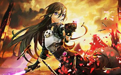 Kazuto Kirigaya, Sword Art Online, girl with purple eyes, weapons, Sword Art Online II