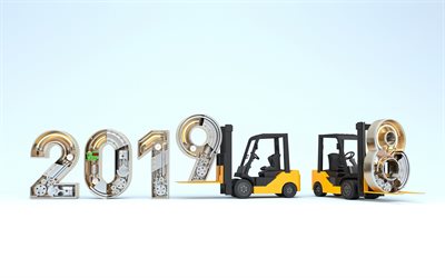 2019 3D digits, Business 2019 concept, cargo loaders, white digits, Happy New Year 2019, 2019 concepts, 2019 on blue background, 2019 year digits