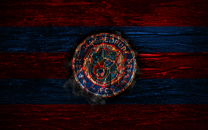 Jamshedpur FC, fire logo, Indian Super League, red and blue lines, ISL, Indian football club, grunge, football, soccer, logo, Jamshedpur, wooden texture, India