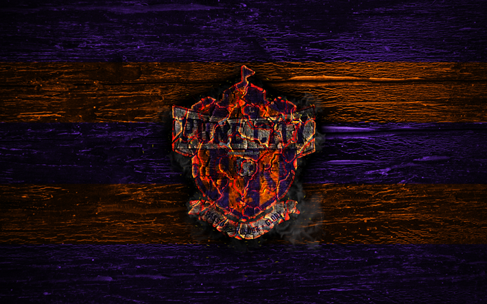 Pune City FC, fire logo, Indian Super League, violet and orange lines, ISL, Indian football club, grunge, football, soccer, logo, Pune City, wooden texture, India