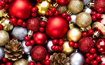 Red christmas balls, new year, festive background, decoration, christmas, red christmas background with balls