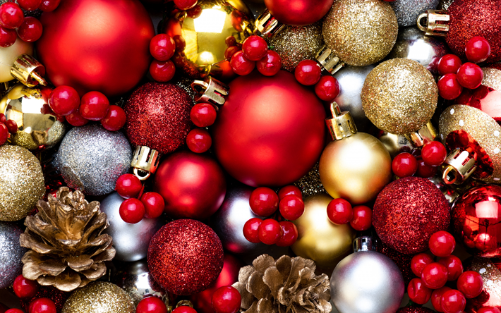 الأحمر كرات عيد الميلاد, السنة الجديدة, احتفالية الخلفية, الديكور, عيد الميلاد, الأحمر خلفية عيد الميلاد مع الكرات