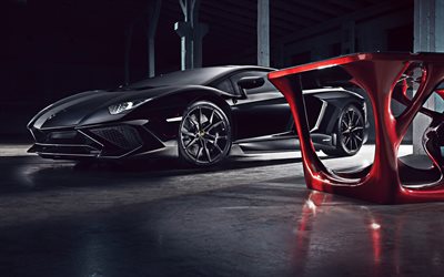 Lamborghini Aventador, LP700-4, 2018, front view, 4k, black supercar, garage, black Aventador, Italian cars, Lamborghini