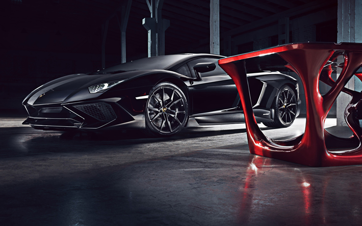 Lamborghini Aventador, LP700-4, 2018, vue de face, 4k, noir supercar, garage, noir Aventador, italien, voitures, Lamborghini