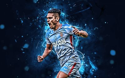 Radamel Falcao, blue uniform, AS Monaco, colombian footballers, Ligue 1, striker, Falcao, neon lights, soccer, Radamel Falcao wallpaper, Monaco FC