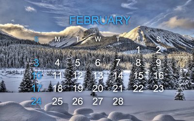 Calendar for February 2019, winter background, mountains, snow, forest, 2019 February calendar, 2019 concepts