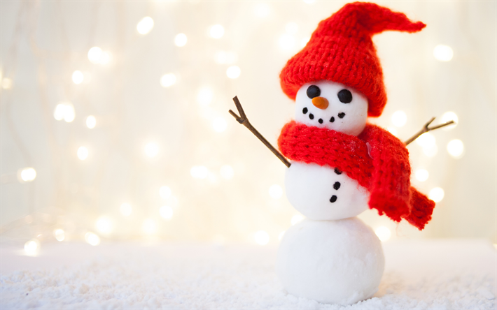 Snowman, red hat, winter, snow, Christmas, Background with a snowman, New Year