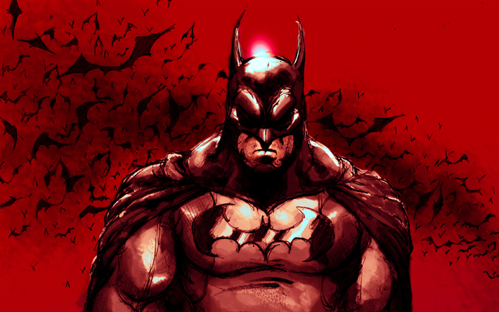 4k, باتمان على خلفية حمراء, الخفافيش, ليلة, باتمان, الأبطال الخارقين, العمل الفني, Bat-man