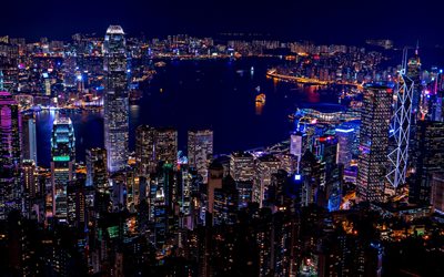Hong Kong p&#229; natten, moderna byggnader, stadsbilder, stadens ljus, natt, Hong Kong, Asien, Kina