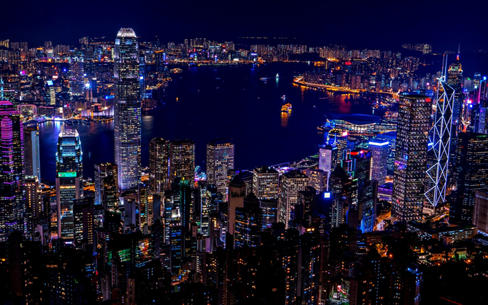 Hong Kong at night, modern buildings, cityscapes, city lights, nightscapes, Hong Kong, Asia, China