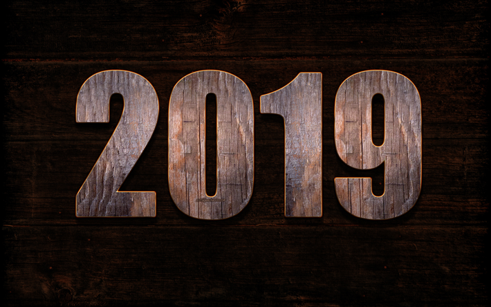 2019 wooden background, light wooden letters, 2019 concepts, Happy New Year, boards, 2019 year