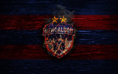 Bengaluru FC, le feu logo, l&#39;Indian Super League, bleu et rouge, ISL, Indien, club de football, le grunge, le football, le soccer, le logo, Bengaluru, texture de bois, Inde