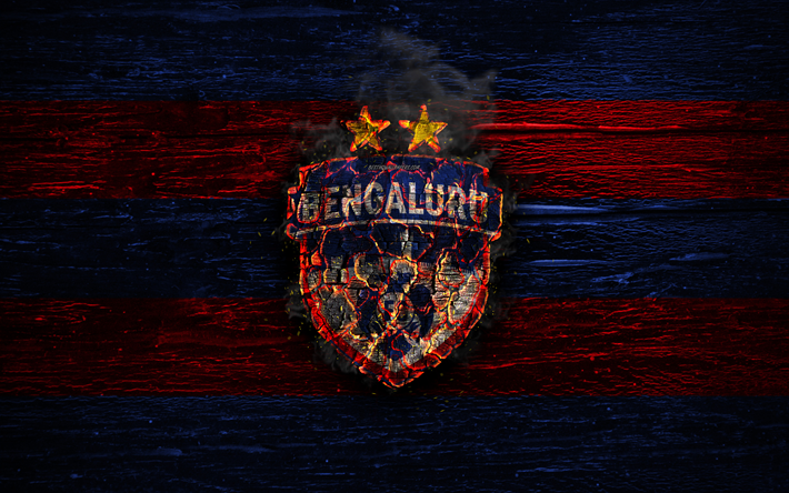 Bengaluru FC, fire logo, Indian Super League, blue and red lines, ISL, Indian football club, grunge, football, soccer, logo, Bengaluru, wooden texture, India