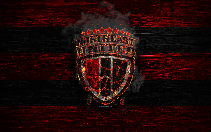 NorthEast United FC, fire logo, Indian Super League, red and black lines, ISL, Indian football club, grunge, football, soccer, logo, NorthEast United, wooden texture, India