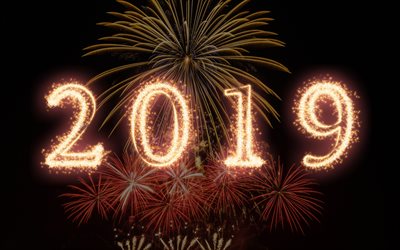 Happy New Year, fireworks, 2019 concepts, lights, black background, creative 2019 background, night, 2019 year