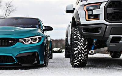 Ford F-150 Raptor, BMW M3, f80, M3 tuning, F-150 tuning, cool cars, exterior, front view, BMW, Ford