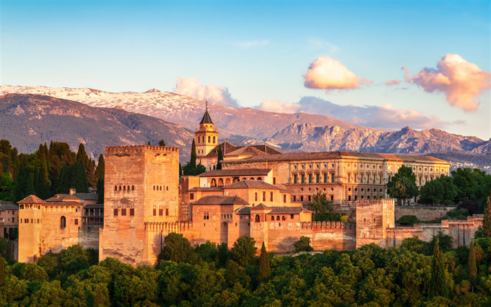 Alhambra, castelo, conjunto arquitet&#244;nico, p&#244;r do sol, noite, marco, Granada, Espanha