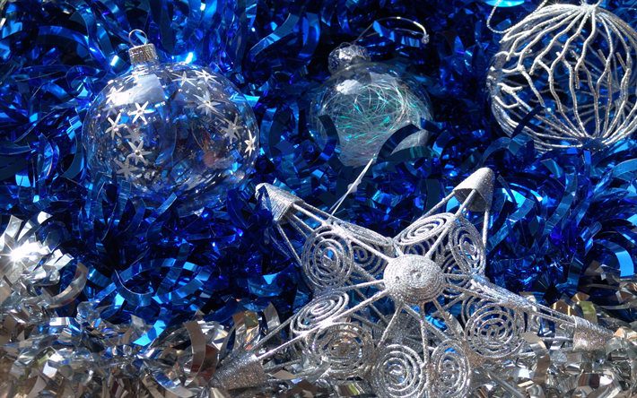 Mavi Noel arka plan, G&#252;m&#252;ş Noel topları, Yeni yılınız kutlu olsun, G&#252;m&#252;ş yıldız, sanat