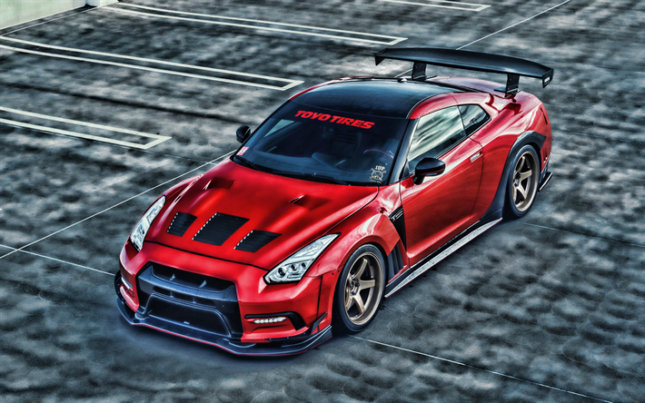 Nissan GT-R, HDR, R35, tuning, parking, supercars, red GT-R, Nissan GTR HDR, japanese cars, Nissan
