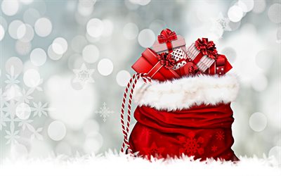 4k, クリスマスギフト, 謹賀新年, ギフトバッグ, 赤いクリスマスバッグ, 新年の贈り物, メリークリスマス