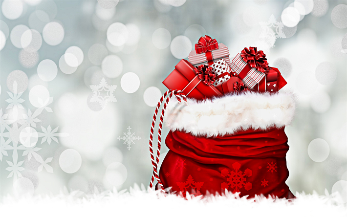 4k, presentes de natal, feliz ano novo, saco do presente, vermelho natal saco, presentes de ano novo, Feliz Natal