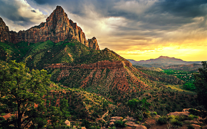 Zion national park, berg, sunset, klippor, amerikanska landm&#228;rken, Utah, USA, Amerika